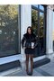Women's Fur Collar Leather Jacket with Belt at the Waist - 8