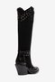 Black Matte Leather Suede Trok Detail Pointed Toe Western Cowboy Boots - 4