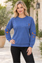 Women's Round Neck Long Sleeve Off Shoulder Leaf Pattern Motif Comfortable Fit Stylish Casual Blue Sweater - 2