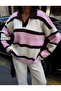 Women's Pink Striped Polo Neck Oversize Knitwear Sweater - 5