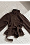 Suede Stand Collar Belted Drawstring Leather Jacket - 3