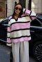 Women's Pink Striped Polo Neck Oversize Knitwear Sweater