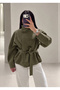 Suede Stand Collar Belted Drawstring Leather Jacket