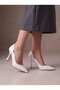 White Wrinkled Patent Leather Stiletto Heel, Curved Side Cut-Out, Pointed Toe, Thin Heel, Evening Party Shoes