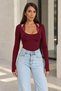 Lace Detailed Square Neck Long Sleeve Women's Bodysuit - Burgundy