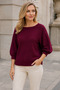 Women's Boat Neck Raglan Sleeves Balloon Sleeve Ribbed Detailed Comfortable Fit Stylish Elegant Casual Burgundy Knitwear Sweater - 2