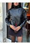 Women's Stand-Up Collar Oversize Bomber Leather Jacket (Patterned Leather) - 5