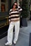Women's Brown Contrast Striped Polo Collar Relaxed Sweater - 4