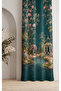 Petrol Green Elephant Figured Decorative Living Room Background Curtain with Floral and Nature Patterns - 4