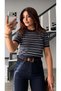 Navy blue and white striped short sleeve knit blouse