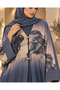 Women’s Slate Grey & Beige Abstract Print Open Abaya with Gold Clasps - 2