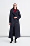 Hooded Belted Long Navy Blue Coat 13976 - 3