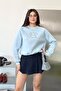 Women's Crew Neck Sweatshirt with Text Embroidery Blue - 27K 2714 - 4