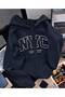 Women's Hooded Zippered Nyc Printed Navy Blue Cardigan Sweatshirt