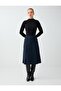 Navy Blue Midi Knitted Skirt with Stitching Detail and Elastic Waist