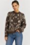 Women's Brown Ethnic Patterned Shawl Detailed Long Sleeve Knitwear Sweater - 4