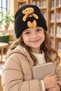 Children's Ribbed Folded Black Beanie with Teddy Bear, Warm Winter Unisex Children's Beanie, Suitable for Ages 1-7.