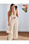 Women's Strappy Double-Breasted Collared Long Imported Crepe Jumpsuit with Belt Detail at the Waist