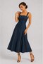 Women's Navy Blue Square Neck Strappy Waist Fitted Flared Midi Dress - 2
