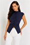 Women's Black Stand Collar Buttoned Sleeveless Fit Knitwear Blouse - 4