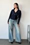 Women's V-Neck Buttoned Mesh Cardigan Navy Blue - 27K 3345 - 3