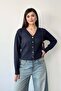 Women's V-Neck Buttoned Mesh Cardigan Navy Blue - 27K 3345