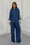 Women's Striped Sleeves, Buttoned, High Collar Denim Trousers Set 3194 - Navy Blue - 3