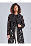 Women's Rose Patterned Waist Drawstring Wool Blend Long Cardigan Black Jacket - 5