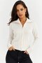 Women's White Zippered Polo Collar Openwork Detailed Long Sleeve Knitwear Cardigan