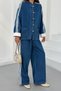 Women's Striped Sleeves, Buttoned, High Collar Denim Trousers Set 3194 - Navy Blue - 6