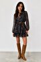 Women's Black Belt Detailed Patterned Dress - 4