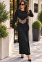 Timeless Elegance Women's Waist Detailed Geometric Patterned Long Sleeve Maxi Diver Dress - 5