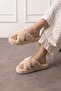 Krossa Beige Cross-Strapped Plush Women's Winter House Slippers - 2