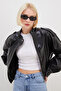 Zippered Stand Collar Pleated Faux Leather Jacket - 5