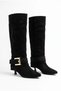 Women's Knee-High Buckle-Strapped Goblet Heeled Pointed Toe Covered Long Boots - Serra - Black Suede