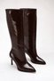 Women's Brown Patent Leather Pointed Toe Thin Heel Mid-Calf Boots with Seam Detail - 2