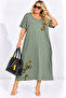 Plus Size Bee Printed Stone Embellished Long Women's Dress with Sleeve Drawstring Detail