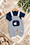 Baby Boy 2-Piece Set with Dog Embroidery Detail, Striped Seersucker Overalls - Navy Blue
