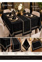 Embroidery and Gold Pico Detailed Linen Look Black Seamless Tablecloth Set – 1 Runner and 12 Napkins Dowry Tableware Set - Boxed