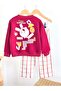 Girl's Checkered Woven Gabardine Trousers Front and Back Rabbit Printed Sweatshirt Without Embroidery 3-Threaded Embroidered Bottom Top Set - 4