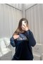 Navy Blue Star Patterned French Velvet Pajama Set - 3