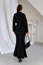 Women's Black Belted Long Sweater and Openwork Lined Long Skirt Bottom-Top Two-Piece Knitwear Set - 6