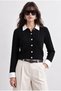 Black Woven Garnished Combined Hair Knitted Cardigan - 2