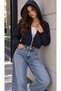 Women's Comfortable Fit 3 Thread Hooded Jacket Silver Zipper Crop Sweatshirt - Navy Blue - 5
