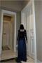 Square Neckline Evening Dress with Belt and Long Sleeves - 4