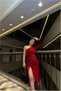 Velvet Slit Asymmetrical Evening Dress Fabric Dress Collar Midi - 4