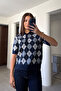 Polo Collar New Season Diamond Pattern Sweater - Dark Blue