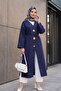 Beli Lace-Up Brooched Slit Long Denim Kimono - Dark Navy Blue - 5