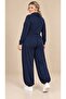 Women's Plus Size Oysho Fabric Navy Blue Shawl Blouse Elasticated Trousers Three-Piece Set Hzl26S-Zss19911 - 4