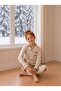 Women's Bear Embroidered Brown Line Patterned Front Buttoned Mother-Daughter Combination Suede Winter Warm Pajama Set - 2